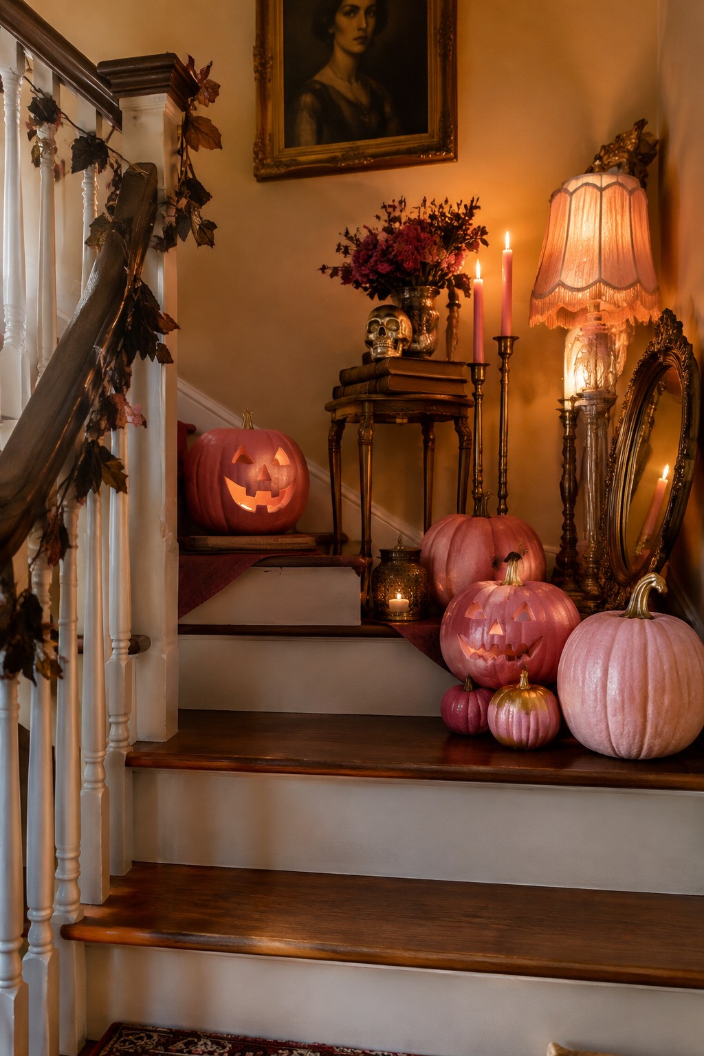 Staircase decorated with multiple carved pink jack o lanterns and candles for Halloween.