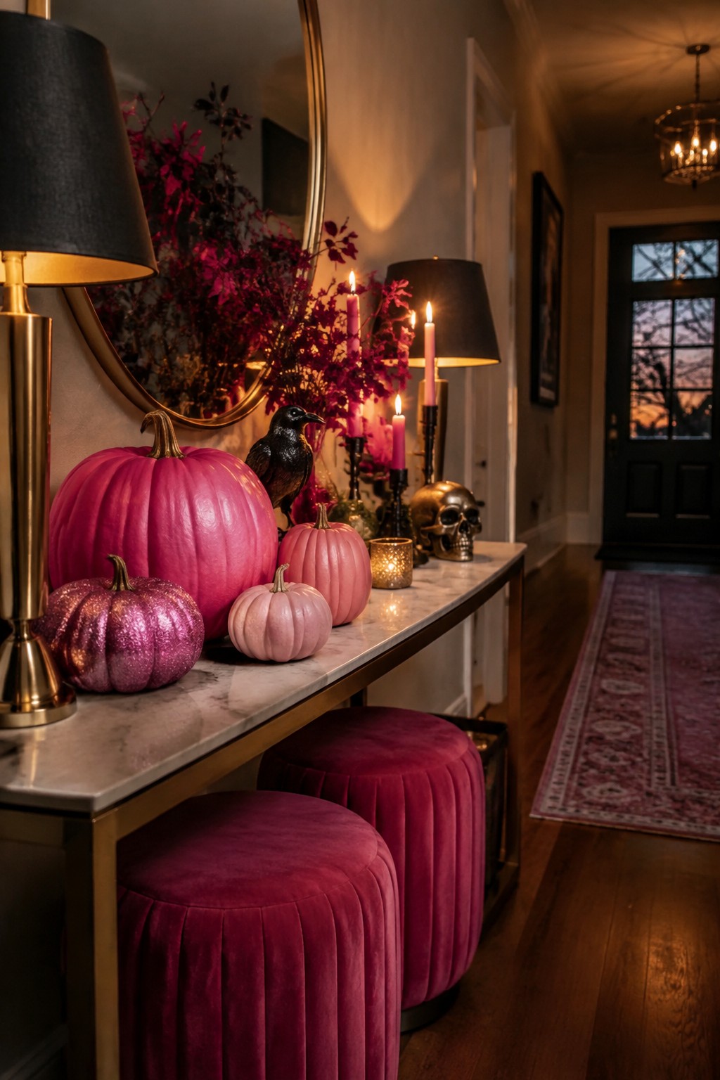 Entryway console table styled with pink pumpkins in matte and glitter finishes, black taper candles, and a metallic skull.