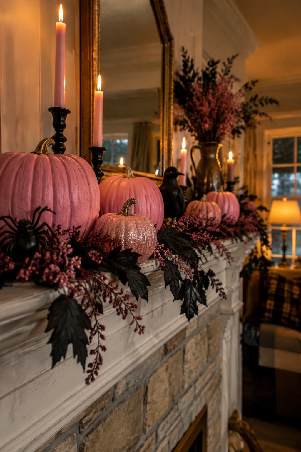 White fireplace mantel decorated with several pink pumpkins, black foliage garland, and lit candles.