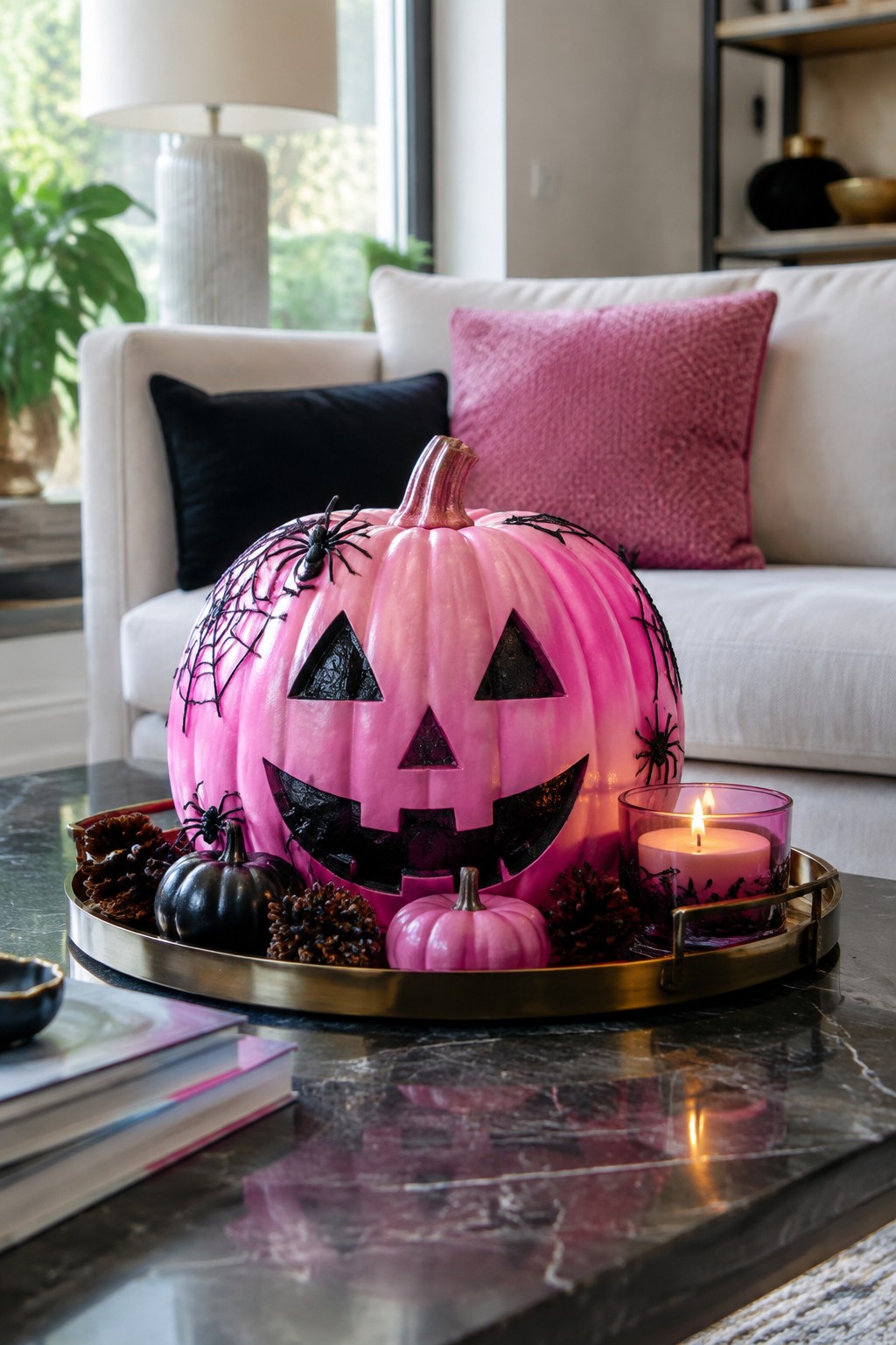 A large pink carved jack o lantern with black spiderweb details sits on a gold tray with smaller pumpkins and a lit candle in a living room setting.