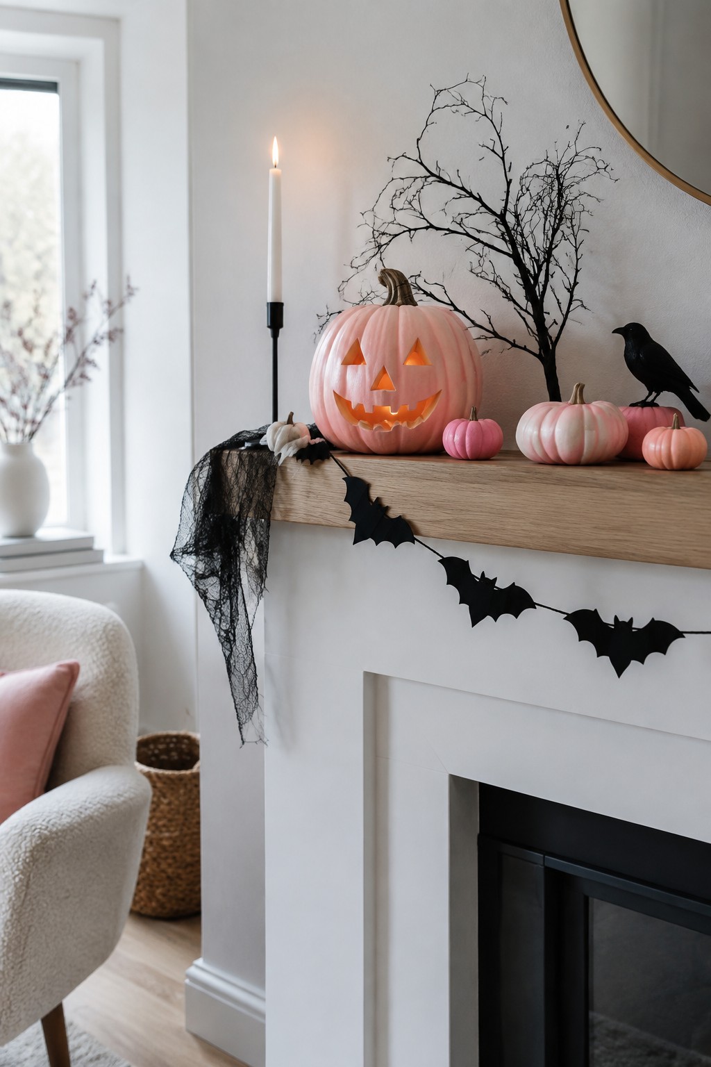 White fireplace mantel decorated with a large glowing pink jack o lantern, black bat garland, black branches, and several smaller pink pumpkins.