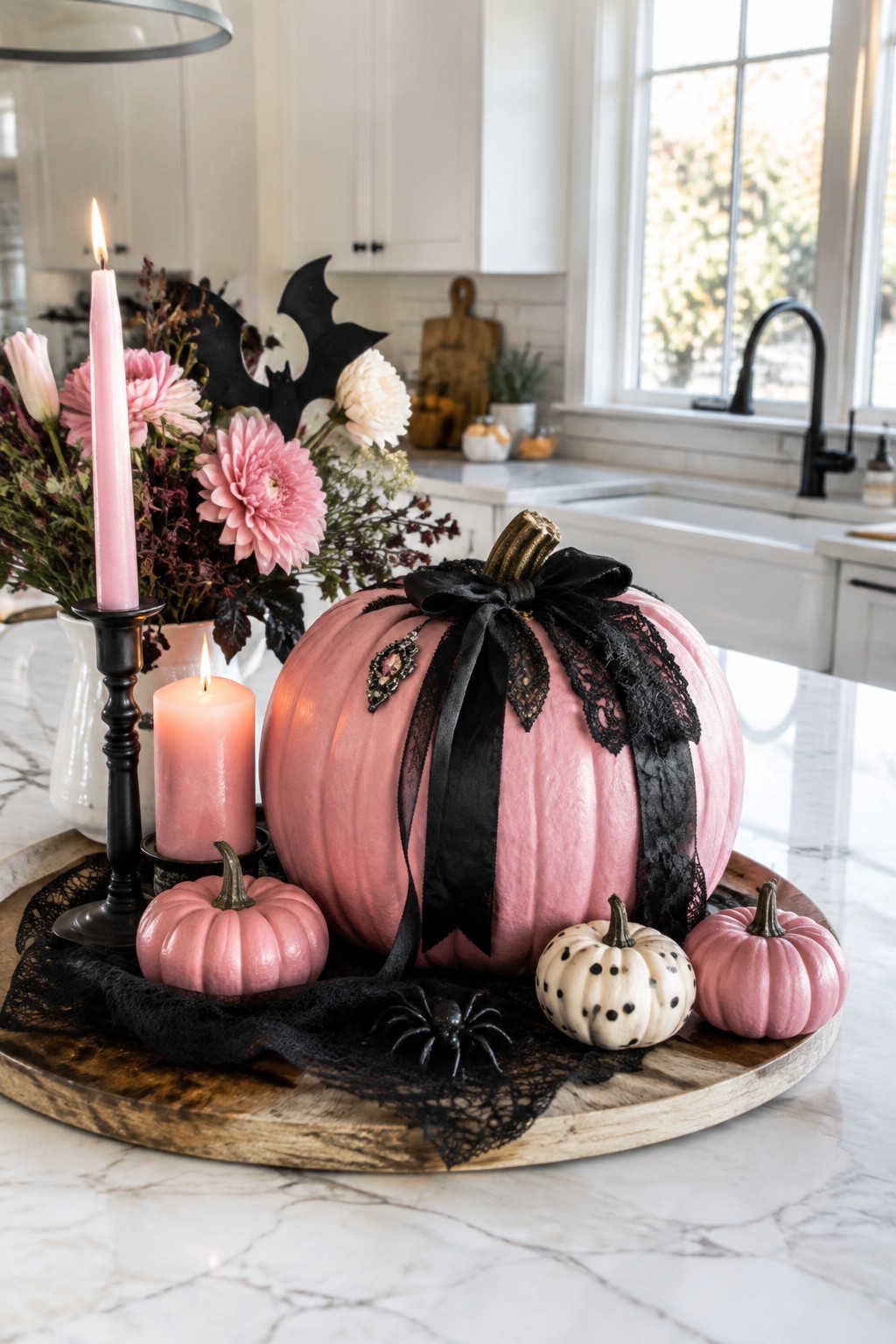 Pink pumpkin decorated with black lace and ribbon sits on a wooden tray with smaller pumpkins and a spider accent on a kitchen counter.