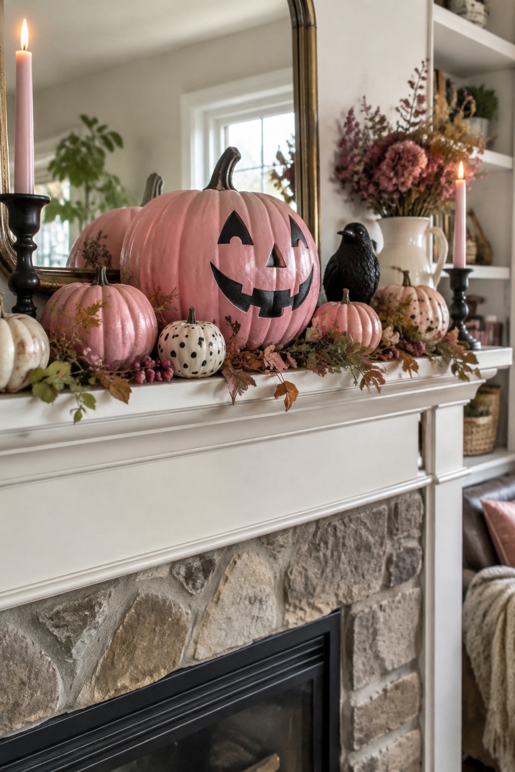 Pink jack-o'-lantern and smaller pumpkins adorn white mantel over stone fireplace with autumn decor.