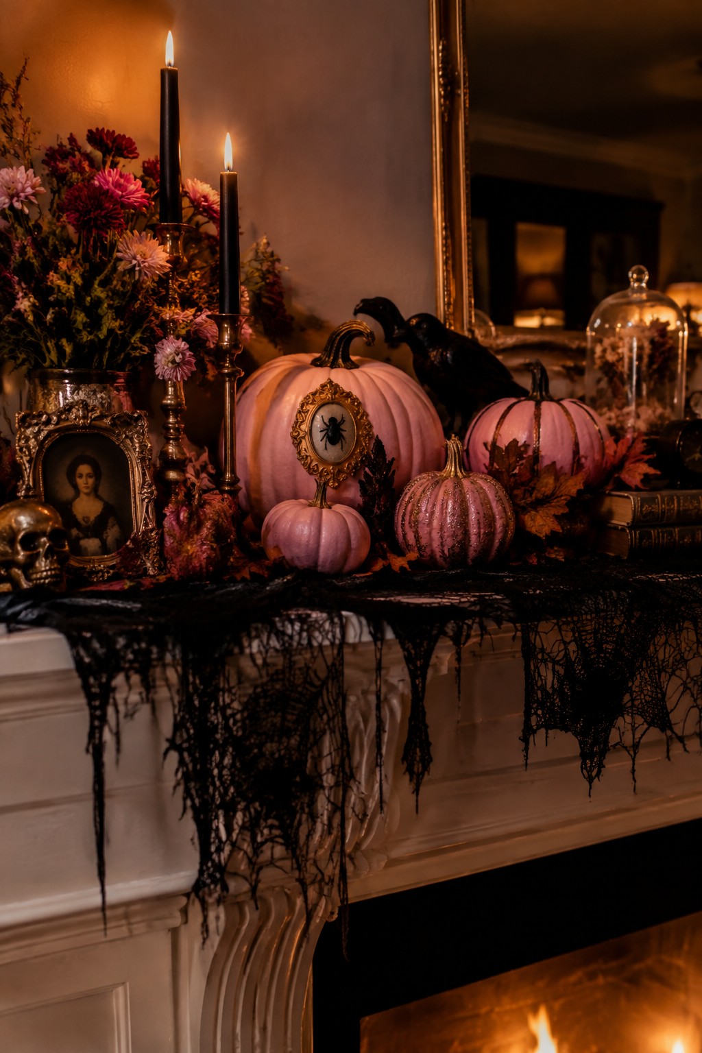 A white fireplace mantel styled with several pink pumpkins of varying sizes, a black crow, a gold spider medallion, black taper candles, and black lace fabric draped across the front.