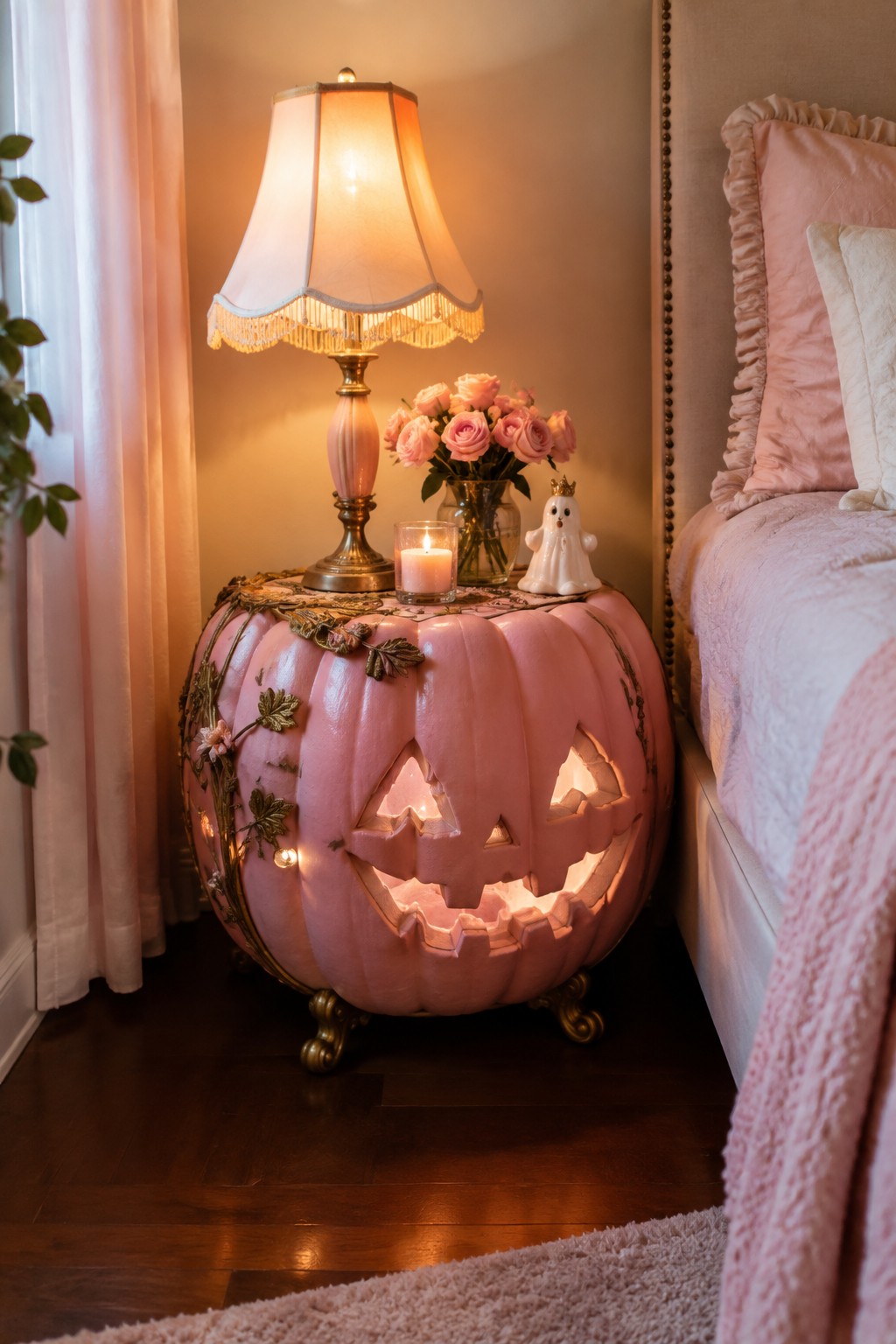 Pink carved jack-o'-lantern used as a nightstand beside a bed, glowing from within with string lights and topped with a small ghost figurine and flowers.