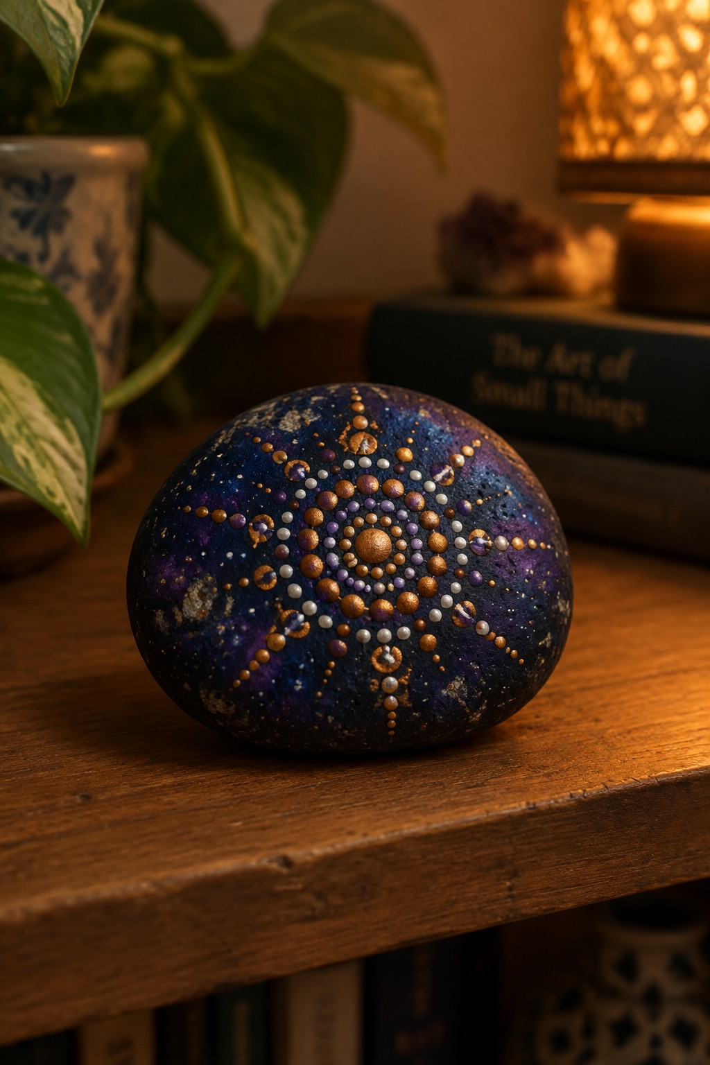 Painted stone with cosmic mandala of gold purple and white dots on wood