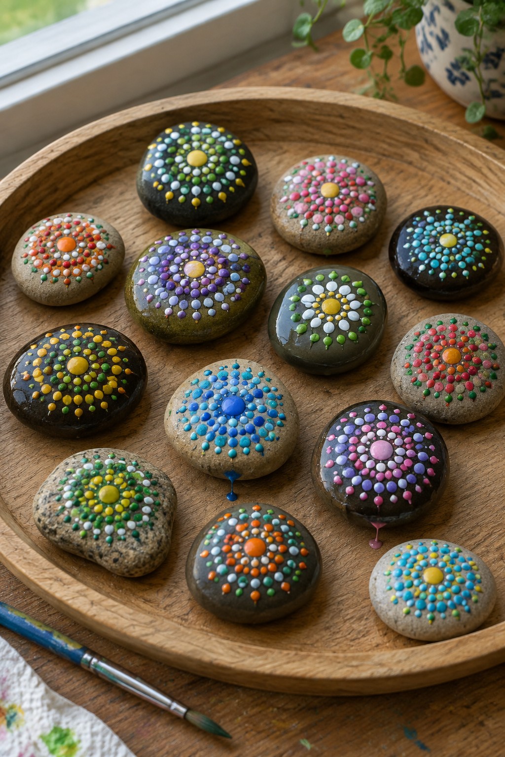 Colorful dot-painted rocks arranged on round wooden tray beside paintbrush