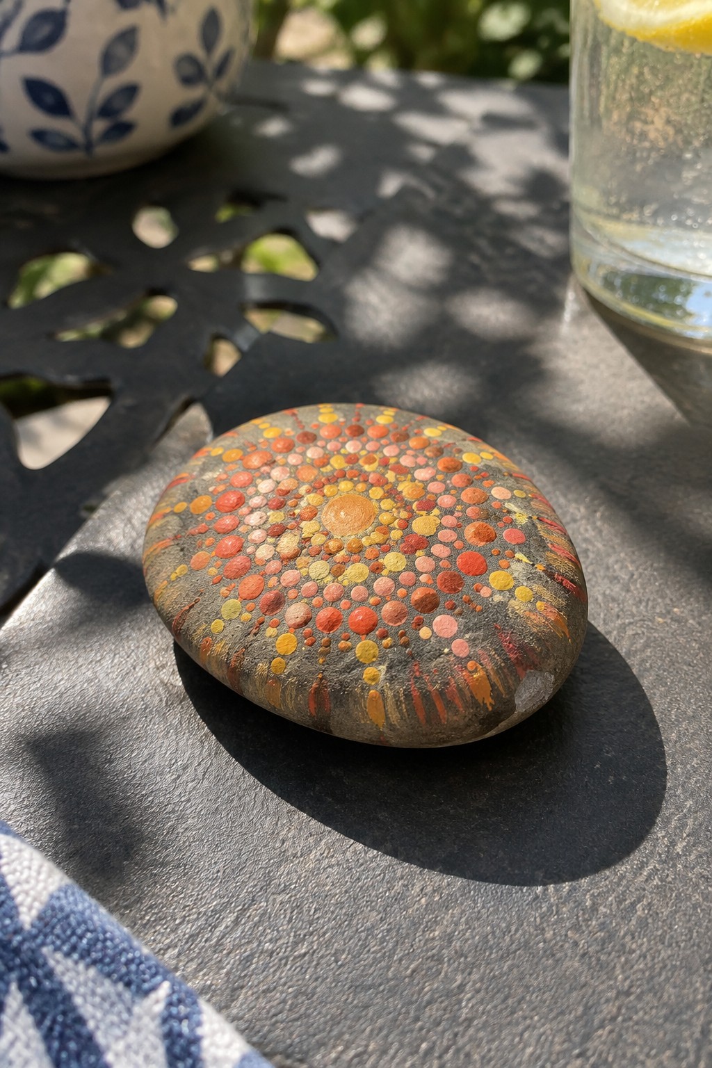 Colorful dot mandala painted on flat stone atop sunlit metal garden table