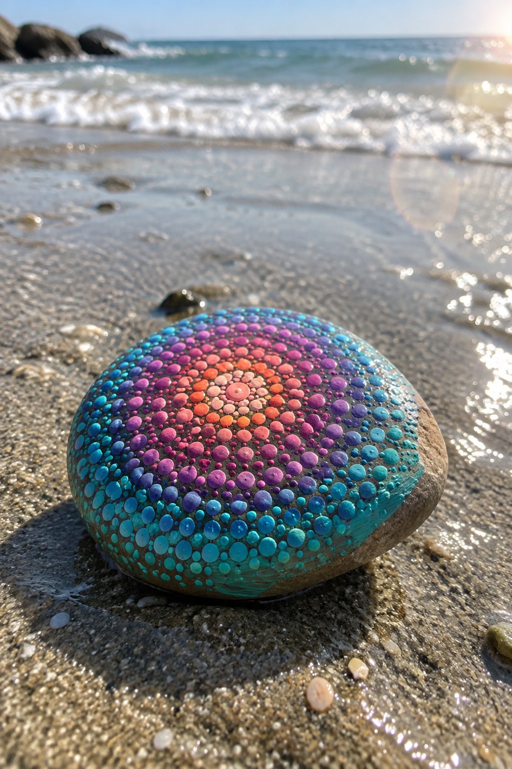 Colorful dotted mandala rock on wet sand by sunny ocean waves