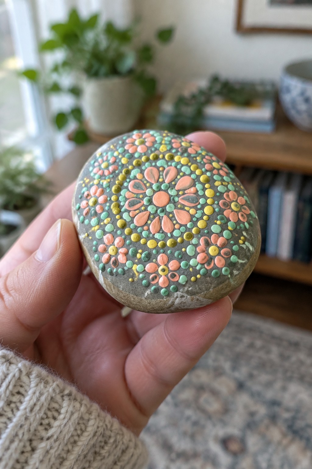 Hand in beige knit sweater holding gray stone with colorful dot flowers.