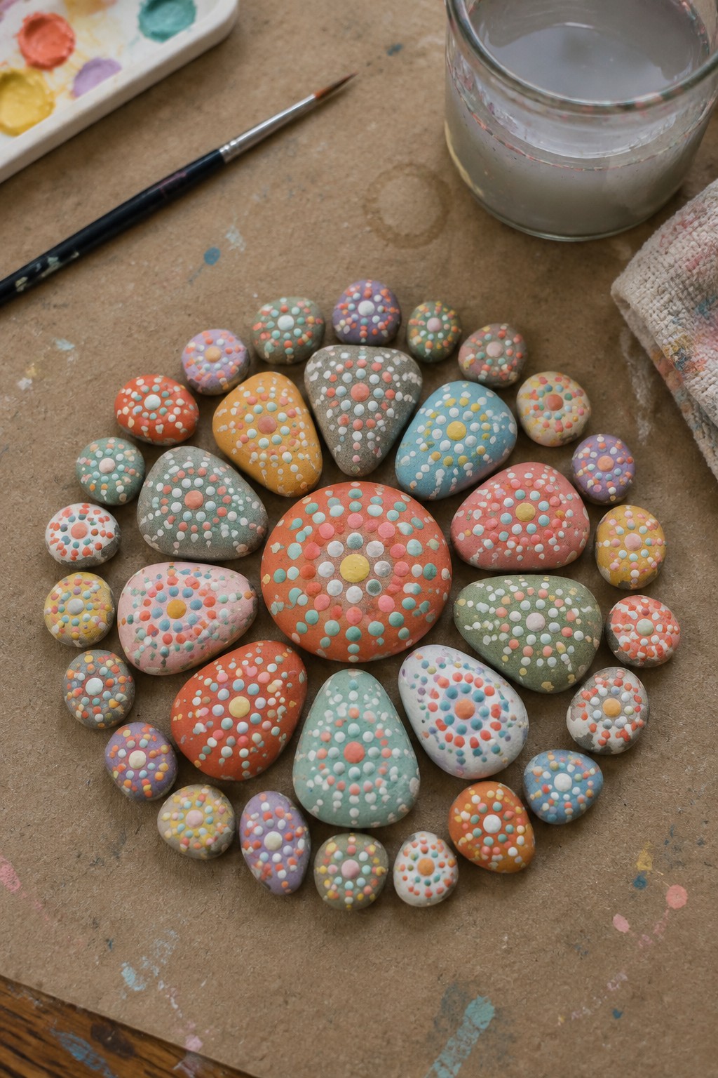 Colorful dotted stones arranged in a circular pattern amid paint palette, brush, and jar.
