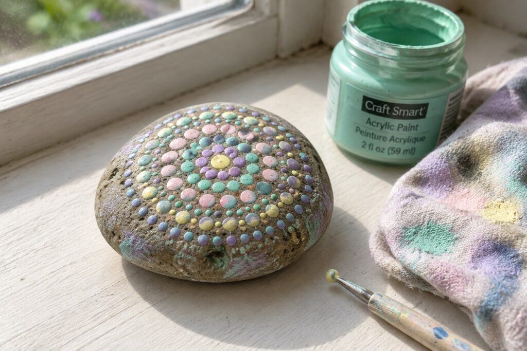 Painted rock with pastel dots beside mint green paint jar on sunny windowsill