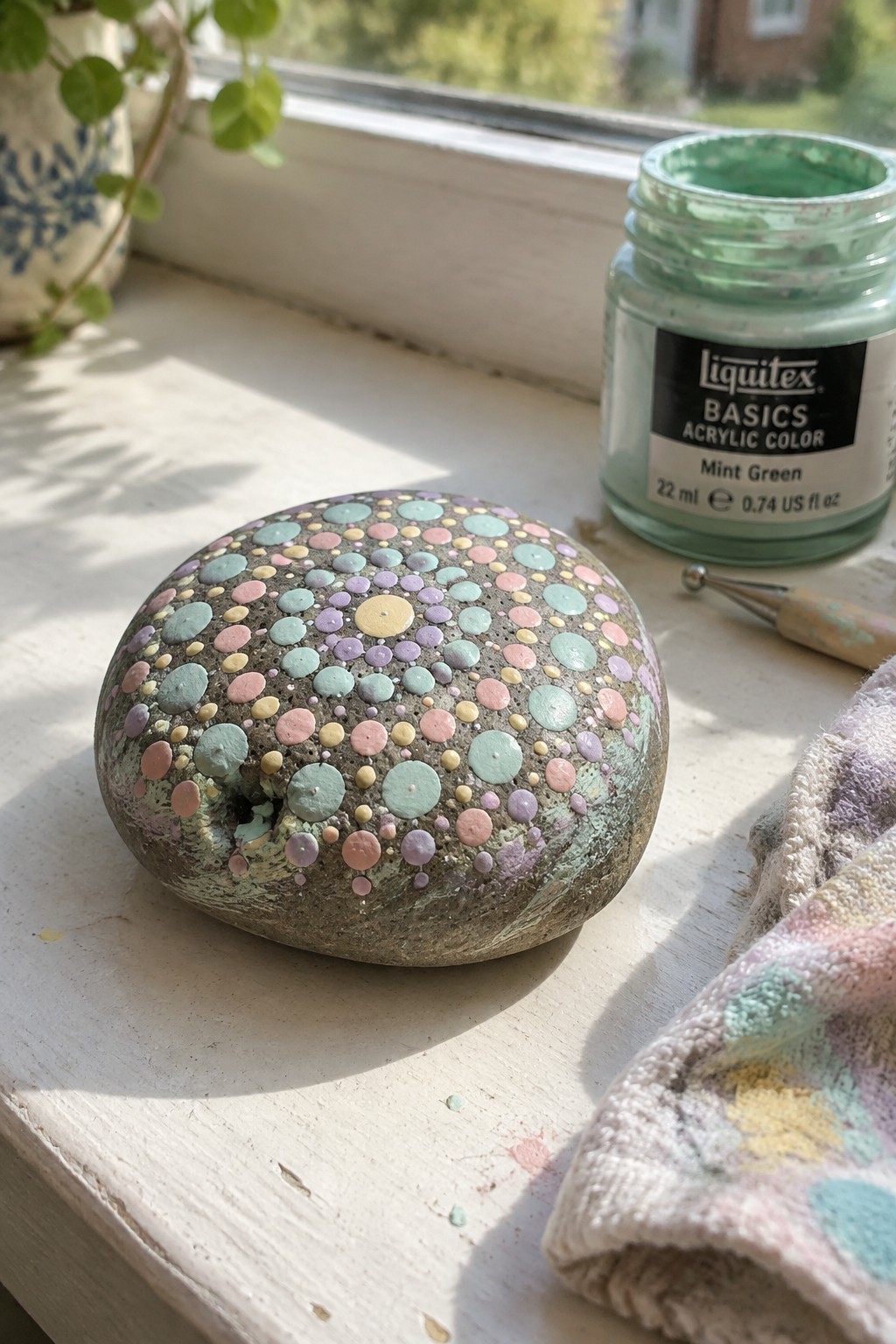 Painted rock with pastel dots beside mint green paint jar on sunny windowsill