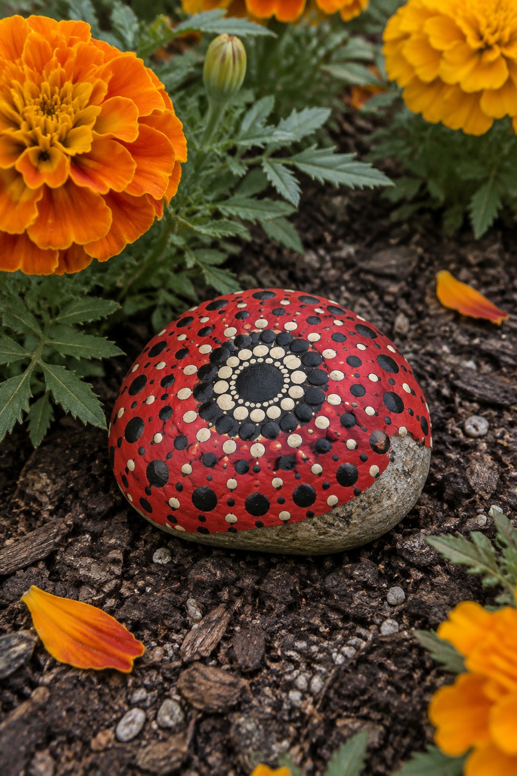Red painted rock with black and white dotted patterns among orange marigolds in soil