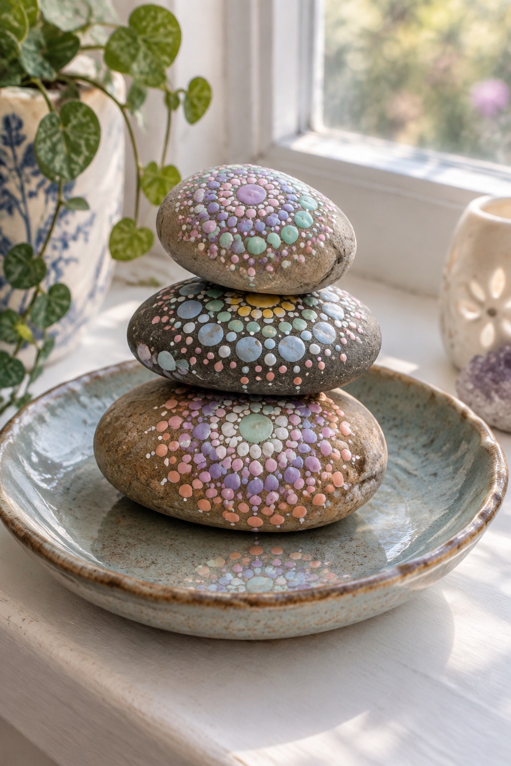 Three smooth gray rocks painted with pastel dot mandala patterns are stacked inside a light blue ceramic bowl on a windowsill.