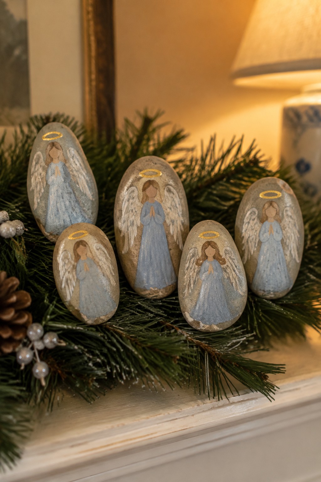 Five painted angel rocks in blue dresses with gold halos on pine branches.