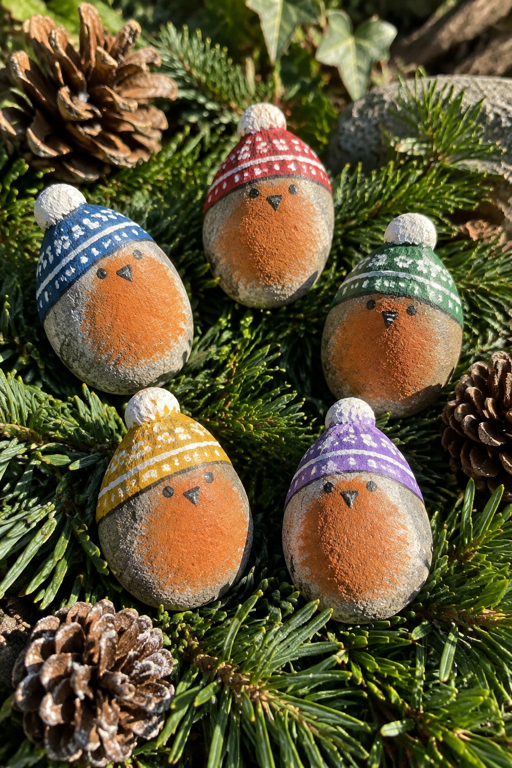 Five painted robin pebbles in colorful patterned hats on pine branches with cones