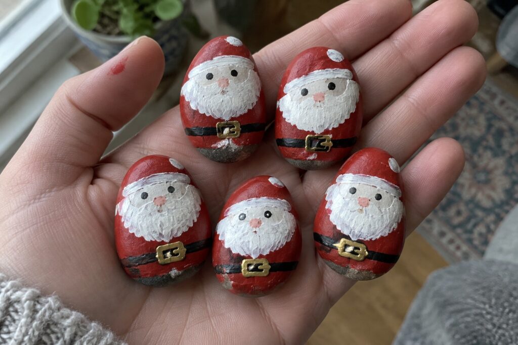 Hand holding five small red Santa Claus rocks with white beards and black belts.