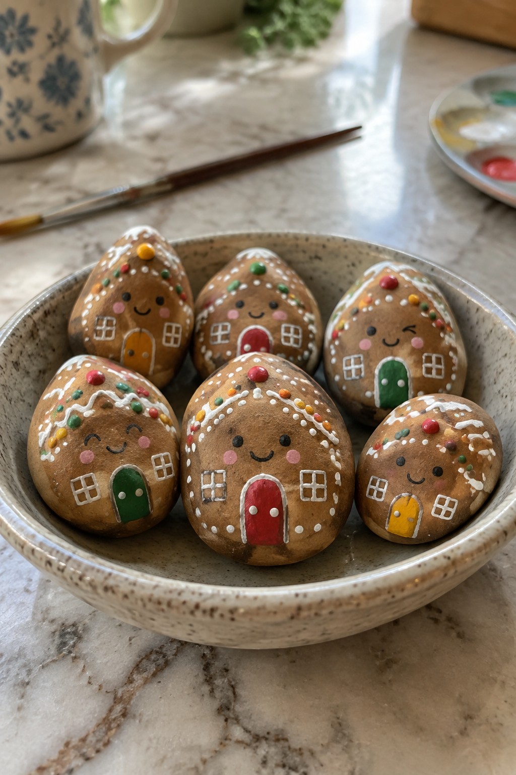 Six colorful gingerbread house rocks with smiling faces in a ceramic bowl