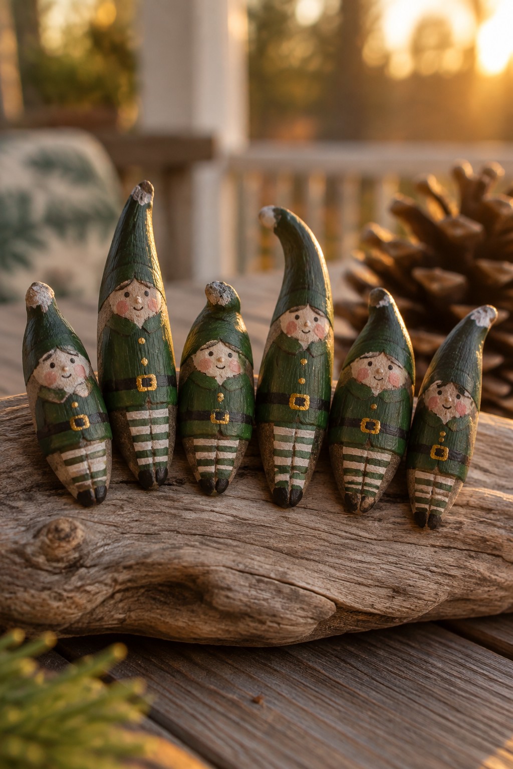 Six carved wooden elves in green outfits with striped pants on driftwood