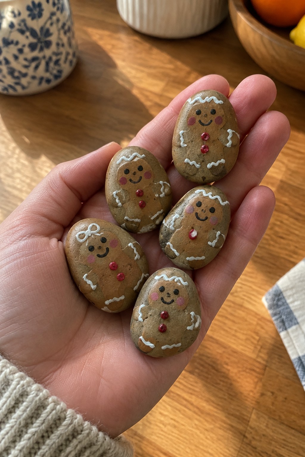 Hand holding five brown stones painted as smiling gingerbread cookies with icing details