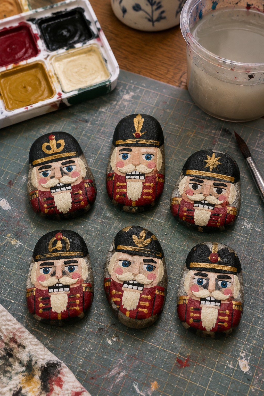 Six painted rock nutcrackers in red coats beside watercolor palette, jar, and brush