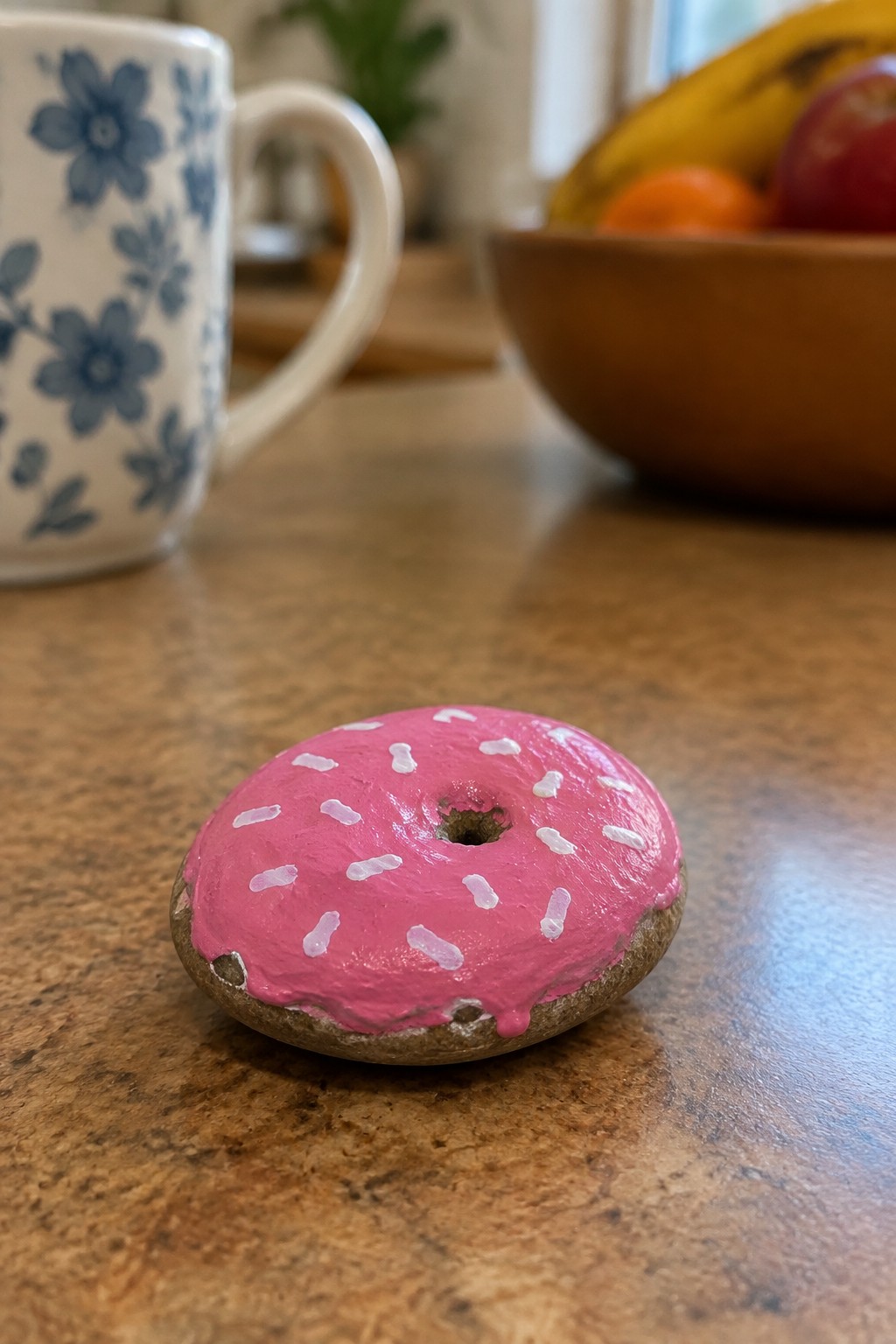 Painted stone donut with pink frosting and white sprinkles on countertop