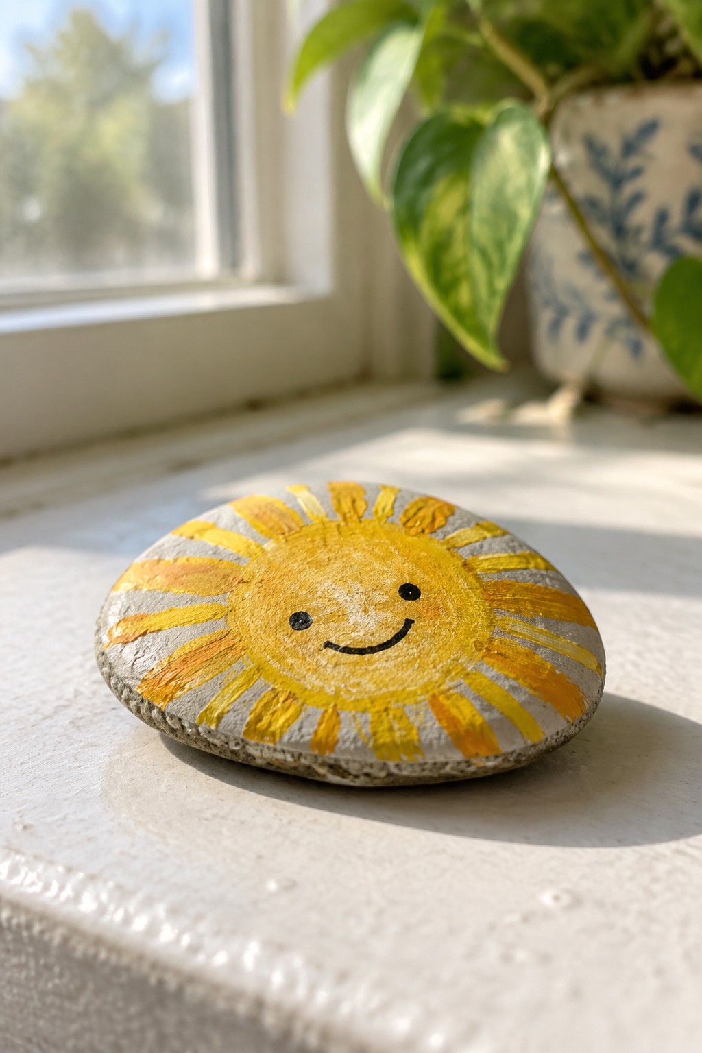 Smiling sun with yellow-orange rays painted on a gray stone on a windowsill.