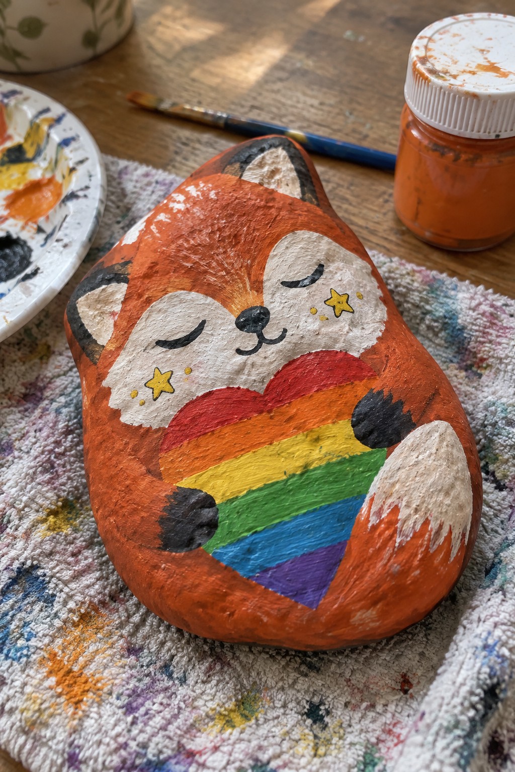 Painted fox rock clutching rainbow heart amid paint palette, brush, and jar.