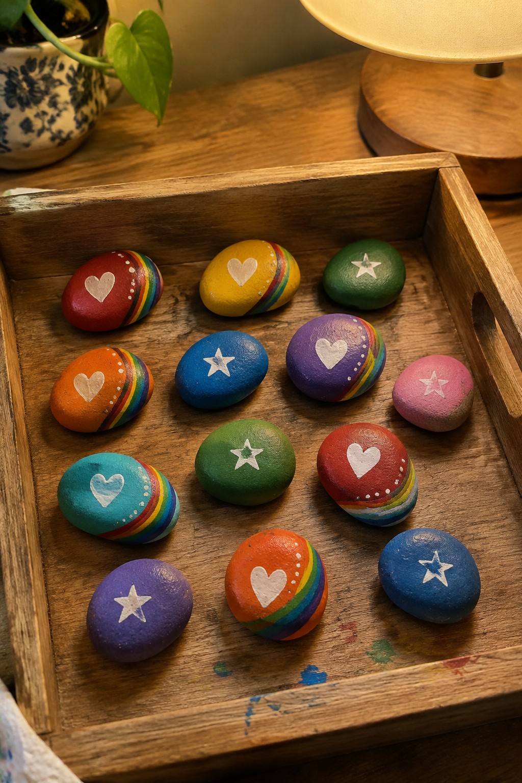 Colorful painted rocks with hearts and stars inside a wooden tray.