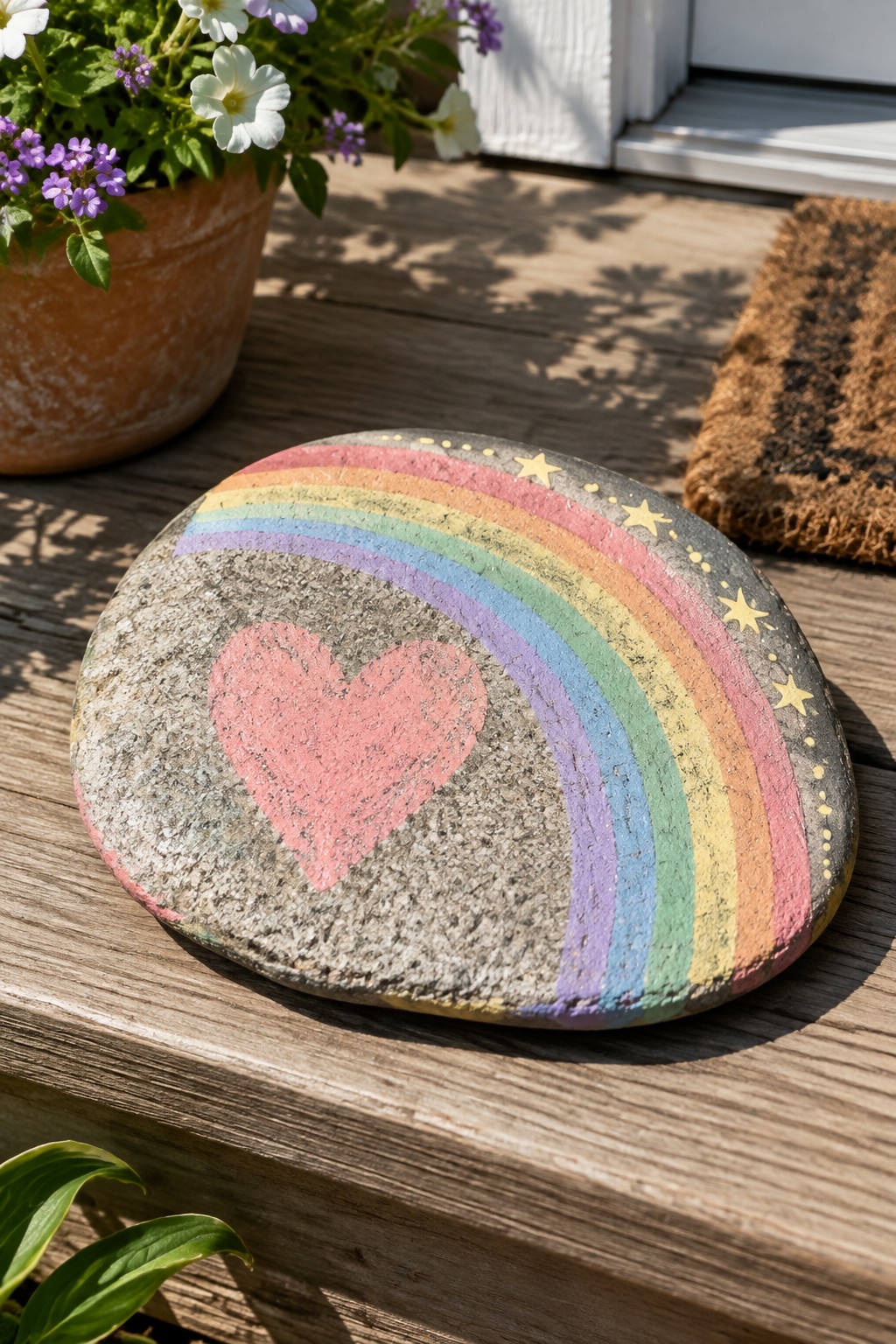 Painted stone with pink heart, rainbow, and yellow stars on wooden deck.