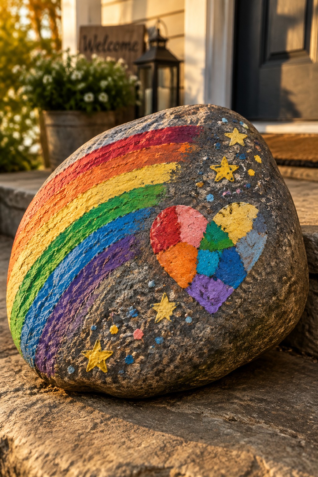 Large rock painted with rainbow stripes, colorful heart, yellow stars on steps.