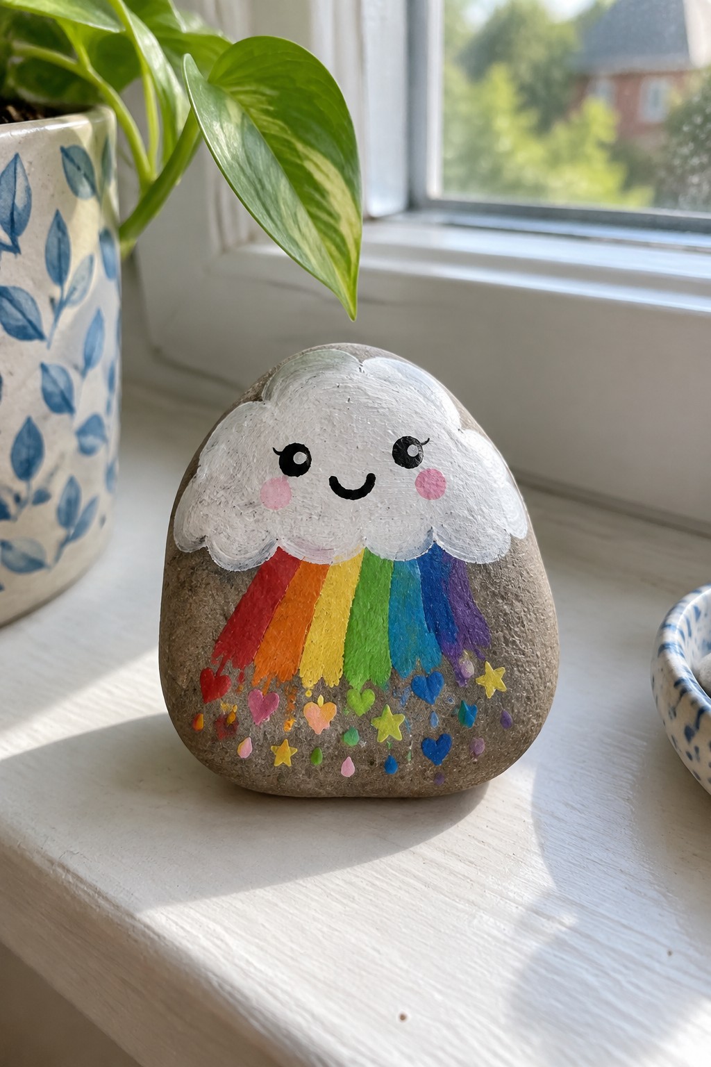 Painted rock with smiling cloud, rainbow, hearts and stars on windowsill