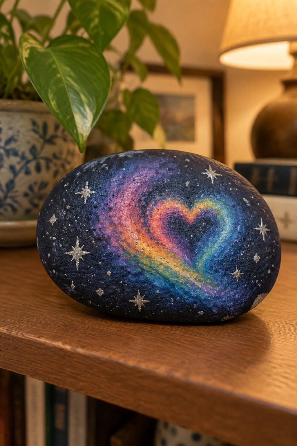 Painted rock with colorful galaxy heart, stars, and nebula on wooden table