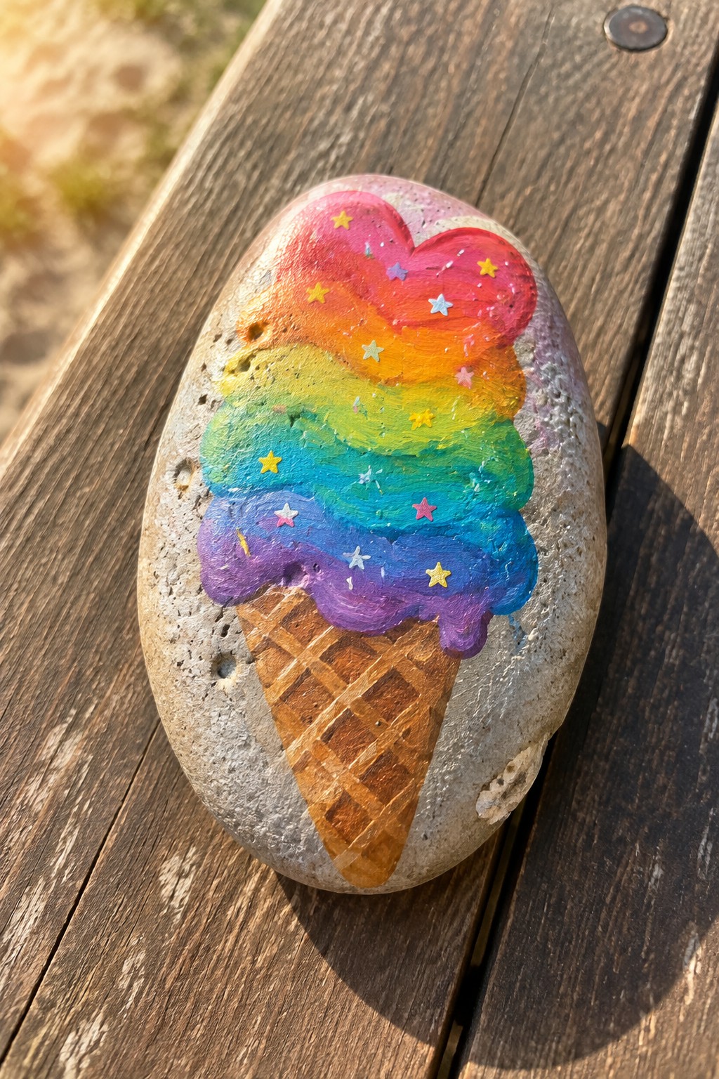 Rainbow ice cream cone with heart top painted on gray rock with stars