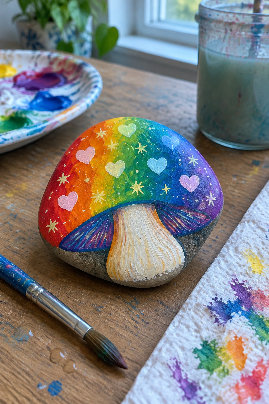 Rainbow mushroom rock with hearts and stars amid paint supplies on wooden table