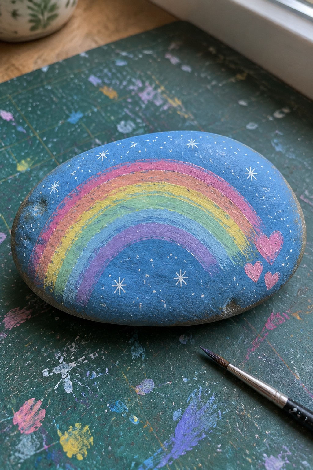 Blue rock with rainbow, stars and hearts on splattered green mat beside paintbrush