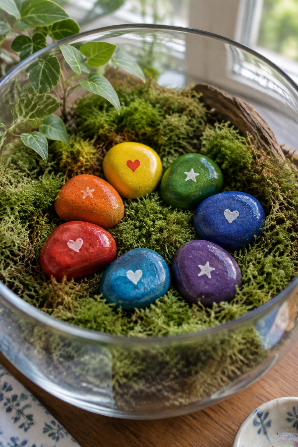 Rainbow painted stones with hearts and stars in mossy glass bowl on wood