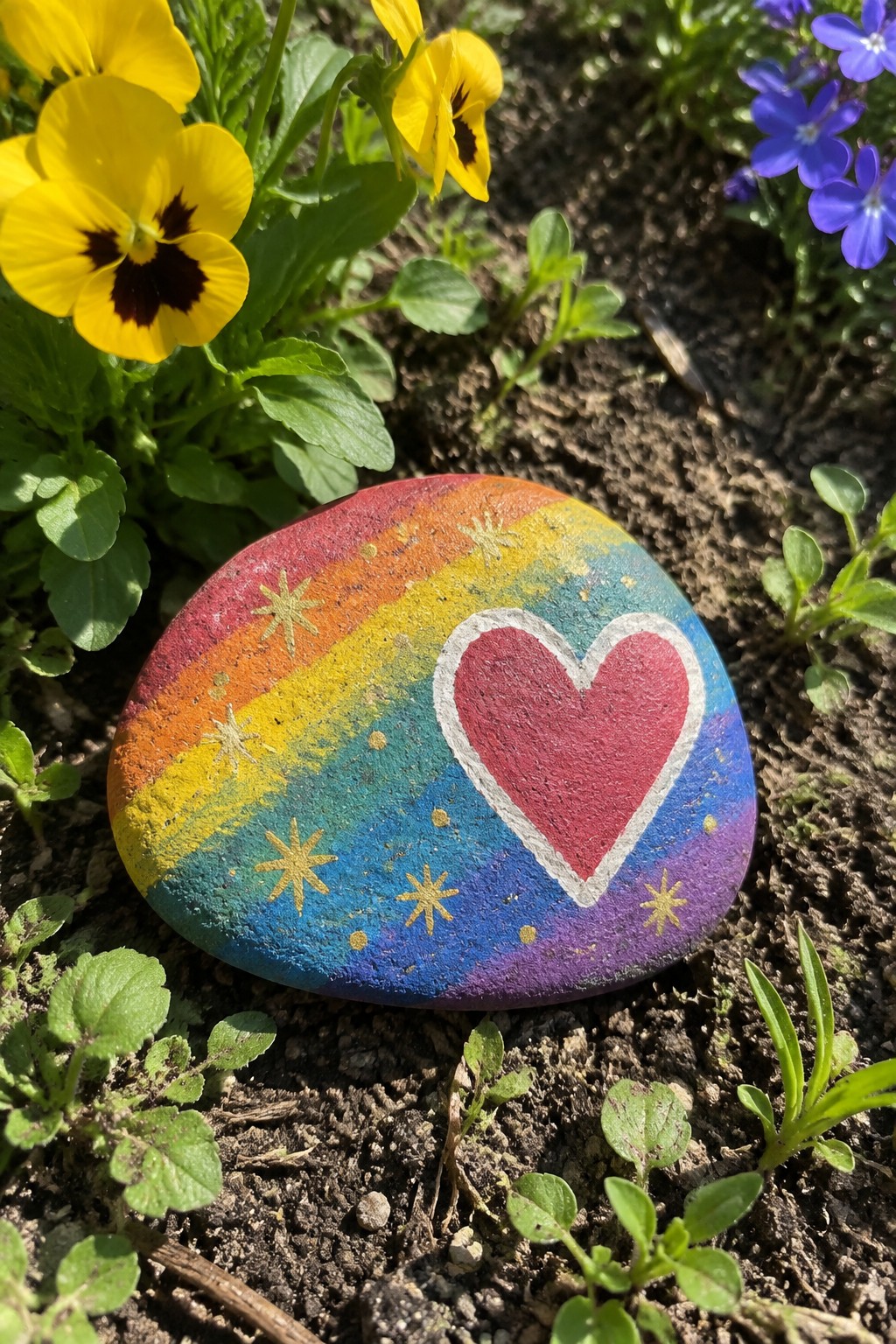 Rainbow-painted rock with red heart, gold stars, amid yellow and blue flowers