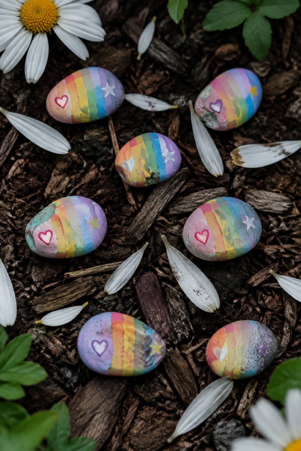 Rainbow-painted rocks with hearts and stars amid daisies on mulch-covered soil