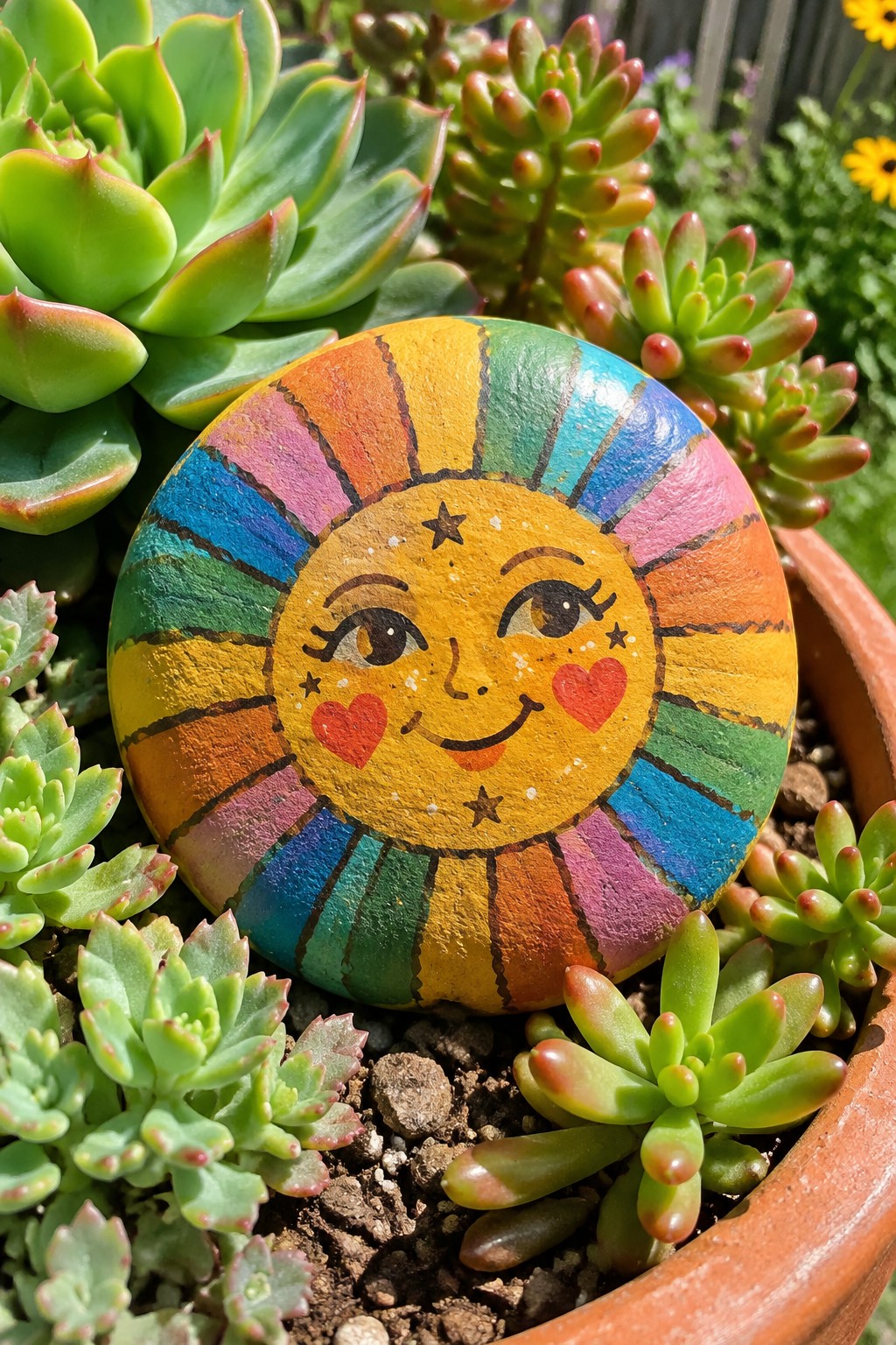 Colorful rainbow sun painted on round stone amid green and red succulents in pot.