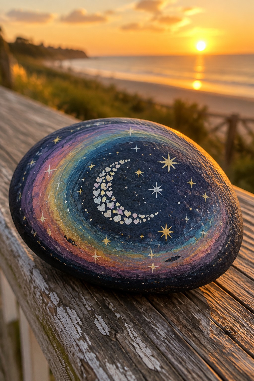 Rainbow-painted rock with heart moon and stars on wooden railing overlooking sunset beach