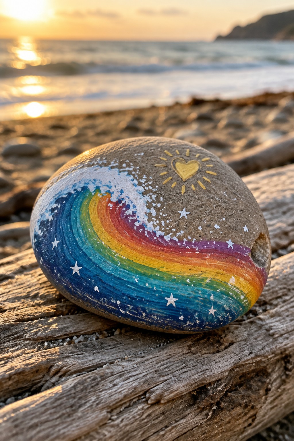 Painted rock with rainbow wave, stars, and heart sun on driftwood at sunset beach