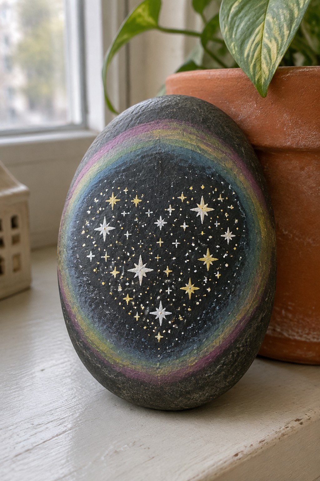 Painted rock with starry sky, gold stars, and rainbow border beside plant pot