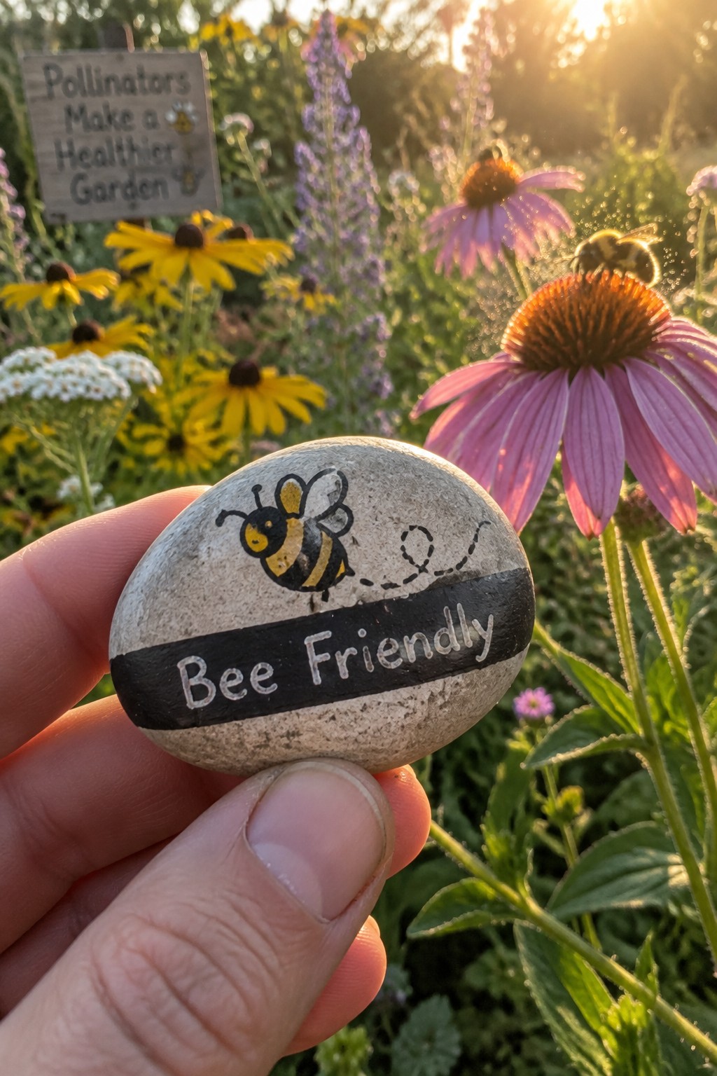 Hand holding gray rock painted with bee and