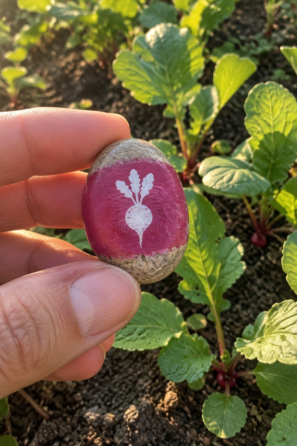 Hand holding oval rock painted magenta with white beet and leaves in garden