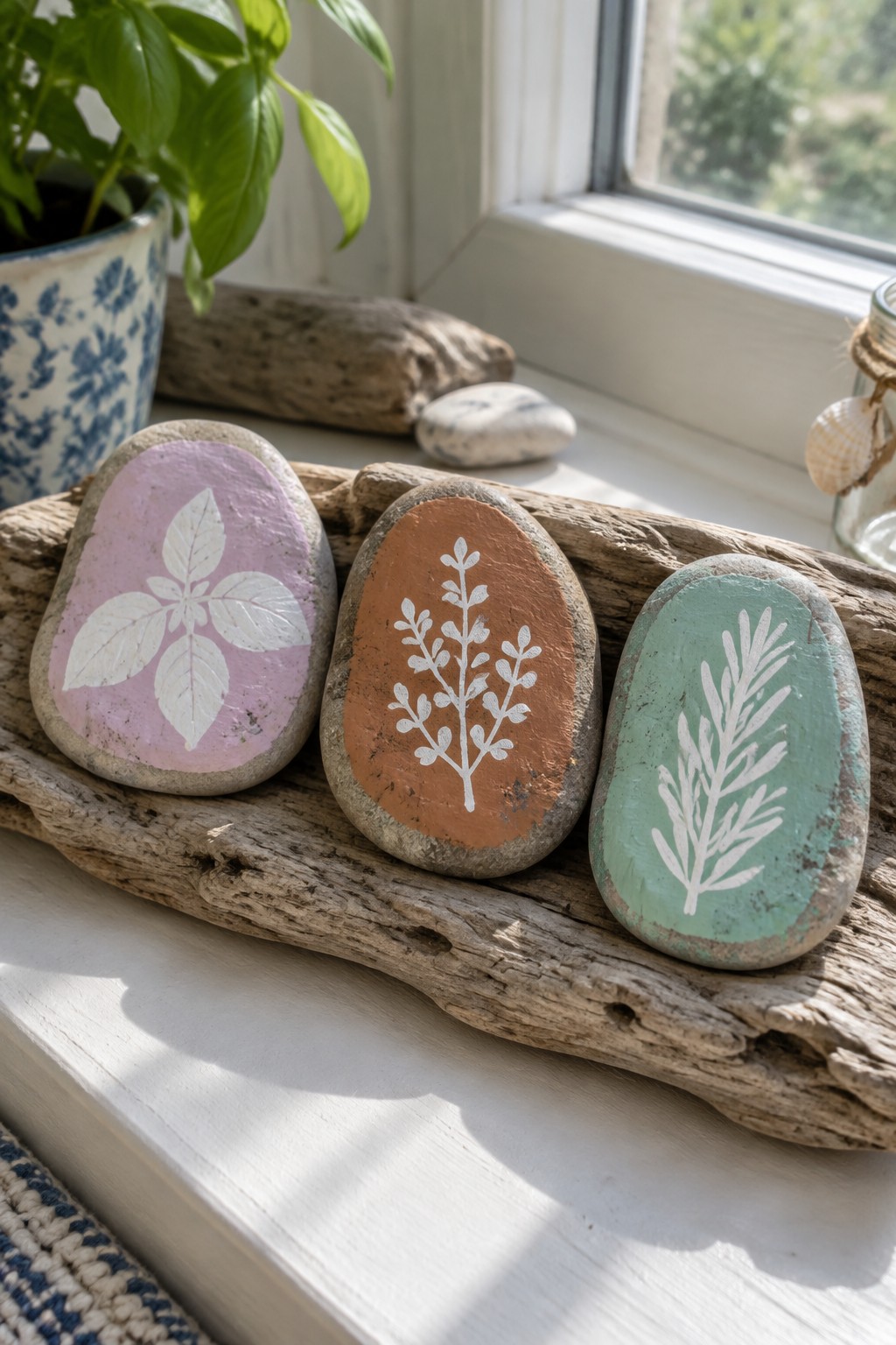Three painted rocks with white leaf designs on driftwood by a sunny window.