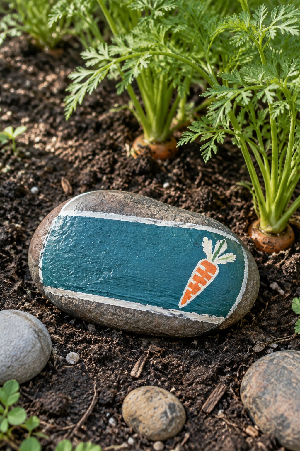 Painted teal rock with carrot illustration in garden soil among carrot plants