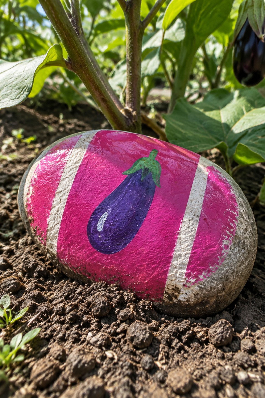 Pink striped rock painted with eggplant beside garden plant in soil