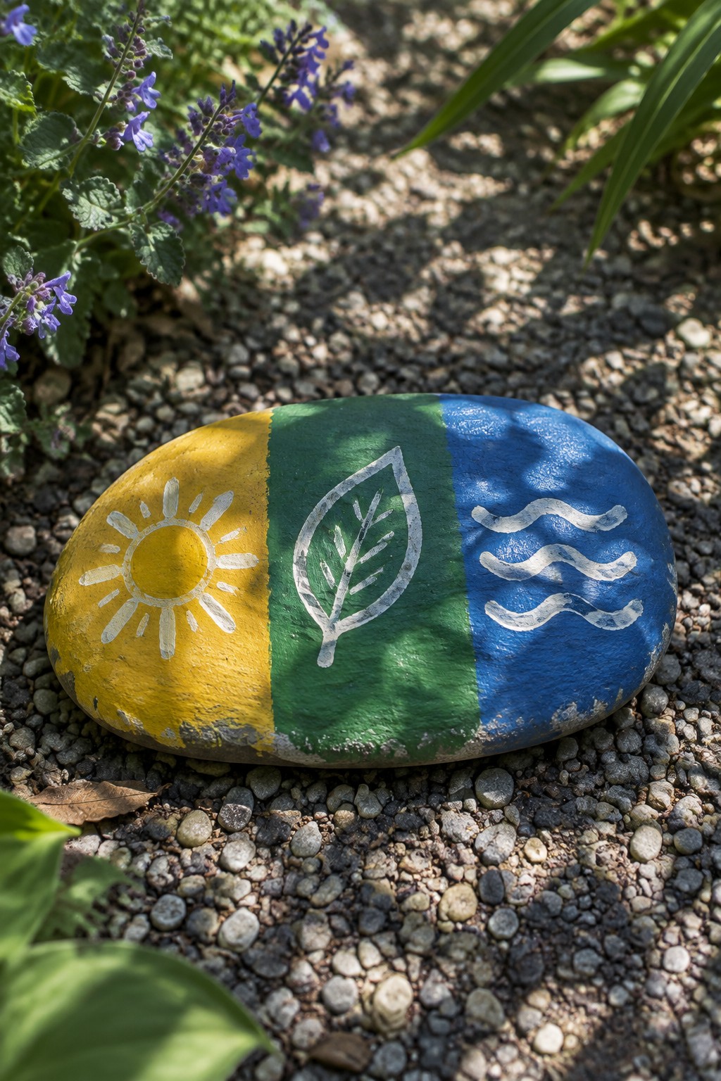 Painted rock with yellow sun, green leaf, and blue waves on gravel.